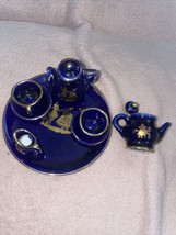 LIMOGES China Style COBALT Blue Gold Mini Tea Set Dish Figurine Victor D... - $19.79
