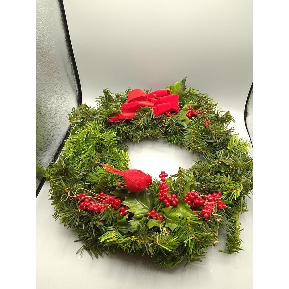 Primary image for Artificial Faux Pine and Holly Berry Wreath, Red Velvet Ribbon Bow, Holiday Card