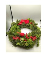 Artificial Faux Pine and Holly Berry Wreath, Red Velvet Ribbon Bow, Holi... - £64.60 GBP