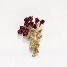 Dozen Red Roses Pin Brooch Gold Tone with Bow 2&quot; Missing one rose head - £11.86 GBP