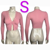 Mauve Pink Ribbed Long Sleeve Button Crop Top~Size S - £20.23 GBP