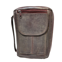 Vintage Brown Leather Bible Case Zippered with Pockets and Handle 11 x 7.5&quot; - $16.88