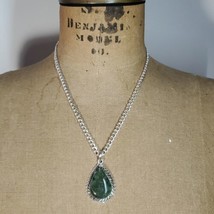 Jade 18&quot; Necklace Pendant &amp; Chain Double Link Copper Silver Plate Green Gemstone - £21.98 GBP