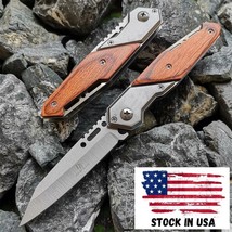 Assisted Folding Knives Wood Steel Handle 8cr15 Blade Hunting Tactical K... - $21.78