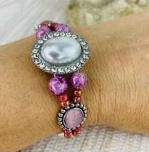 Pink Pearl Rhinestones Bracelet Silver Tone Boho Adjustable Handmade  - £27.96 GBP