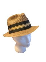 Vtg Knox New York Tan Straw Fedora Hat Brown Cream Striped  Band Size 7 - £21.97 GBP