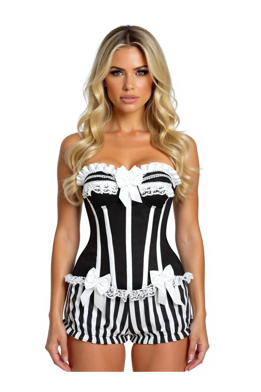 Top Drawer 2 PC White/Black Striped Burlesque Steel Boned Corset &amp; Bloom... - $195.00