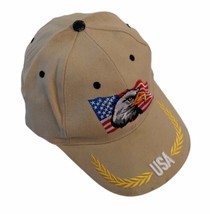 USA Flag Bald Eagle Baseball Hat Cap Hook And Loop Adjustable Strapback Tan - $14.85