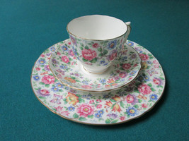 Crown Stafordshire Trios Cups Saucer Cake Plate Sprint Time Chintz Flowers Pick - £50.70 GBP