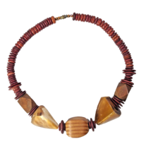 Vintage 1960s Chunky Light &amp; Dark Wood 18-inch Wooden Bead Art Deco Necklace - £18.14 GBP