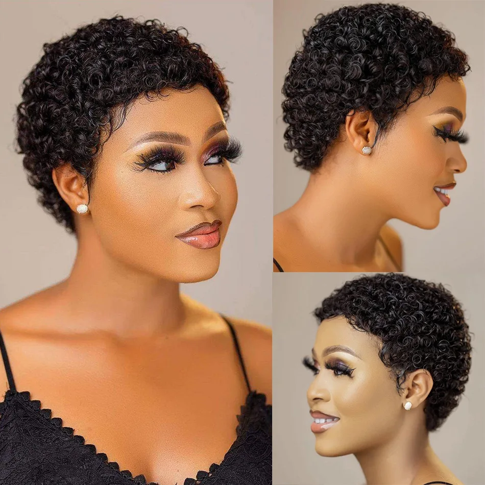 Short Curly Glueless Wig Human Hair Ready To Wear Pixie Cut Perruque Cheve - £28.64 GBP+