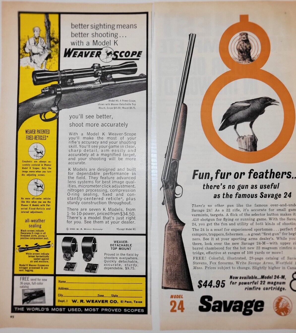 Primary image for Lot of 2) Savage Model 24 Rifle & Weaver Scope Model K Vintage  Print Ad 1961