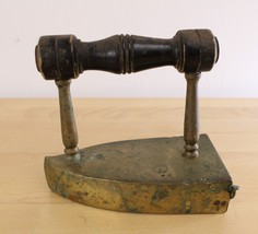 Antique Brass Charcoal Slug Box Sad Flat Iron Tool Pod Wooden Handle - £17.12 GBP