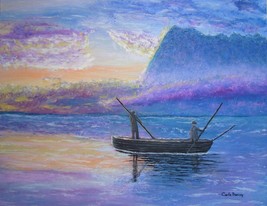 Painting Seascape Sunset Boat Original Signed Art Monet Renoir Bob Ross Style - £32.10 GBP