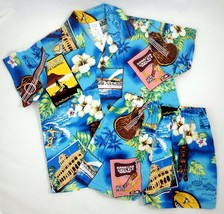Palmwave Hawaii Boys M Blue Hawaiian Shirt Shorts Set Cruise Ship Ukulele Tiki - £11.52 GBP