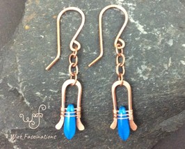 Handmade copper earrings: chain dangling wire wrapped blue glass dagger beads  - £19.55 GBP