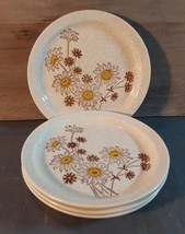 Vintage Stoneware Floral Daisy Yellow Brown 7.25” Salad/Bread Plate Set 4 - £29.63 GBP