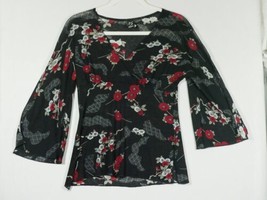 Black Red Floral Blouse Top Size Medium PS Per Sextion Bell Split Sleeve - $14.99