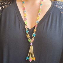 Vintage Gold Rainbow Beaded Tassel Boho Bohemian Necklace - $19.99
