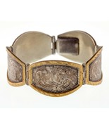 Vintage Mexico Sterling Silver &amp; Brass Hand Engraving Link Bracelet 7.00&quot; - $4,199.84 MXN
