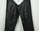 Vtg Women&#39;s UNIK Leather Apparel Black Leather Fringe Chaps w Rose XS - $49.50