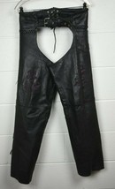 Vtg Women&#39;s UNIK Leather Apparel Black Leather Fringe Chaps w Rose XS - $49.50