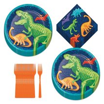 HOME &amp; HOOPLA Dinosaur Party Neon Dino Dig Paper Dessert Plates, Napkins, and Fo - £10.57 GBP+