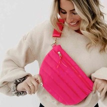 Fuchsia Hot Pink Quilted Puffer Sling Belt Crossbody Bag - $48.51