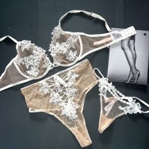 Victoria&#39;s Secret unlined 36D BRA SET M thongs BEIGE white embroidered APPLIQUE - £141.24 GBP