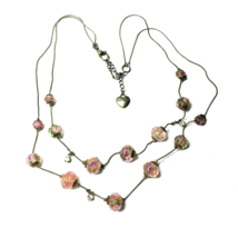 Betsey Johnson Illusion Silver tone Crystal Bead Necklace Pink Green Flowers - £12.53 GBP