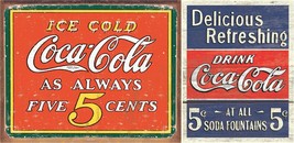 Coca Cola Coke Delicious 5 Cents Vintage Retro Wall Decor Metal Tin 2 Sign Lot - £25.25 GBP