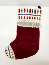 Vintage Christmas Stocking white Red Velvet Plaid Ruffled  - £12.64 GBP