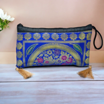 Handmade Ladies Banarasi Brocade Blue Hand Pouch Gold Detailing Designer Purse - £10.41 GBP