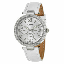 Pulsar PP6115 Womens Dress CRYSTAL/BEZEL Silver Dial Calendar White Leather Band - £39.07 GBP