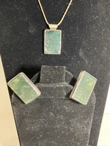 Sterling Rectangular Moss Agate Pendant 15” Necklace Choker Pierced Earrings Set - £49.59 GBP