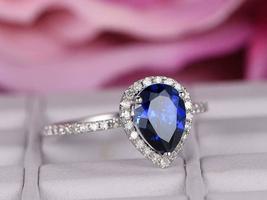 1.80Ct Brilliant Pear Cut Blue Sapphire 14k White Gold Over Halo Engagement Ring - £64.12 GBP