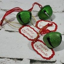 Merry Christmas Jinggle Bell Ornaments Lot Of 3 Green Shimmer With Gift ... - £8.92 GBP