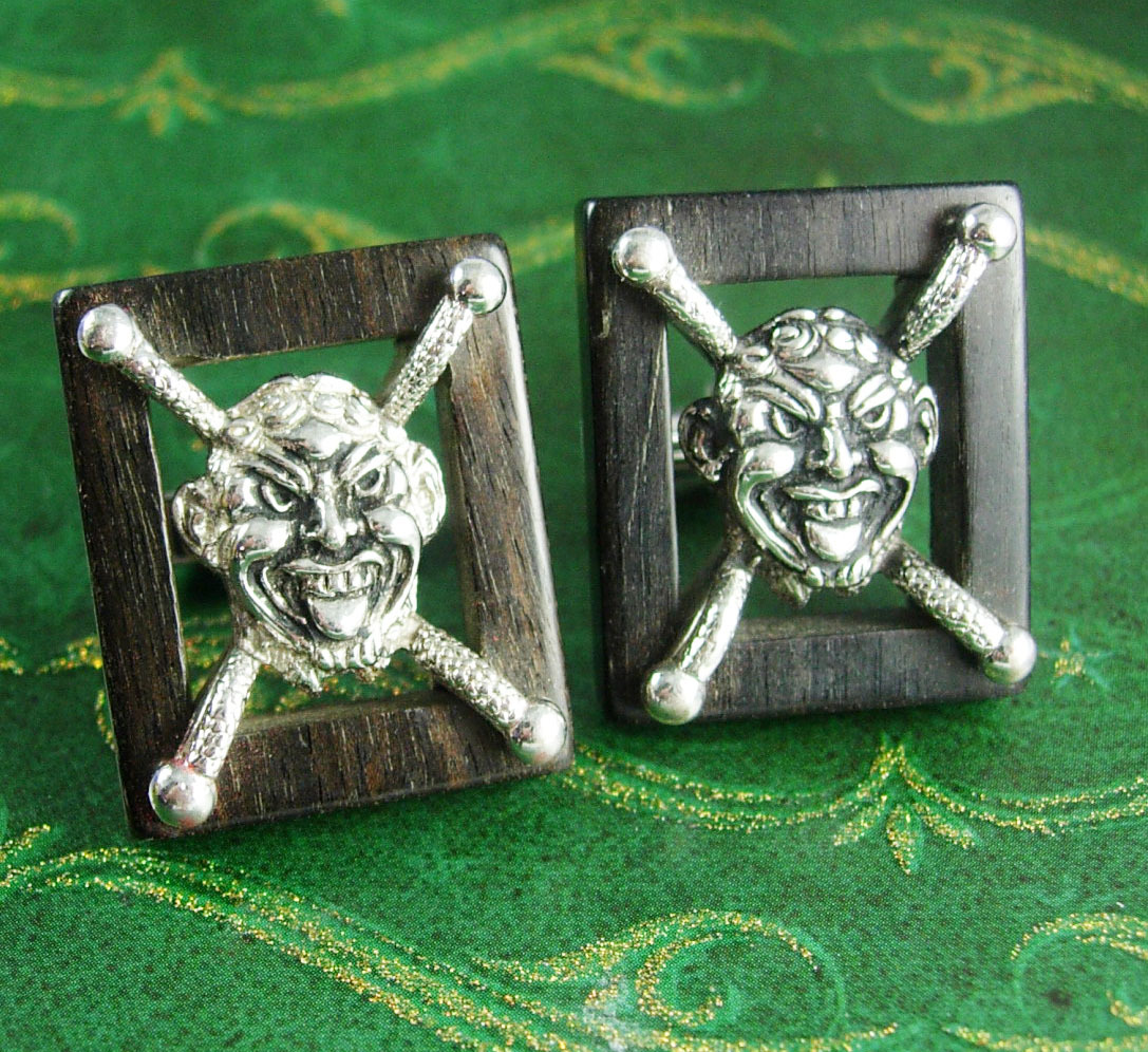 Primary image for Grotesque silver DEVIL Cufflinks Vintage Crossbones Demon Large wood Sinful Cuff