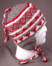 Vtg Winter Hat-100% Wool-Ear Flaps-Red Gray-Soft Lining-Chunky-Made in Nepal- - £29.46 GBP