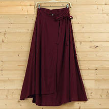 Women High Waist Wrap Skirts Ankle Length Linen Cotton Skirt,Khaki Wine-red Gray image 3