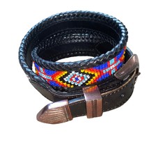 Vintage Western 90s Beaded Leather Belt Woven Aztec Print Black 26&quot; Waist  - $32.01