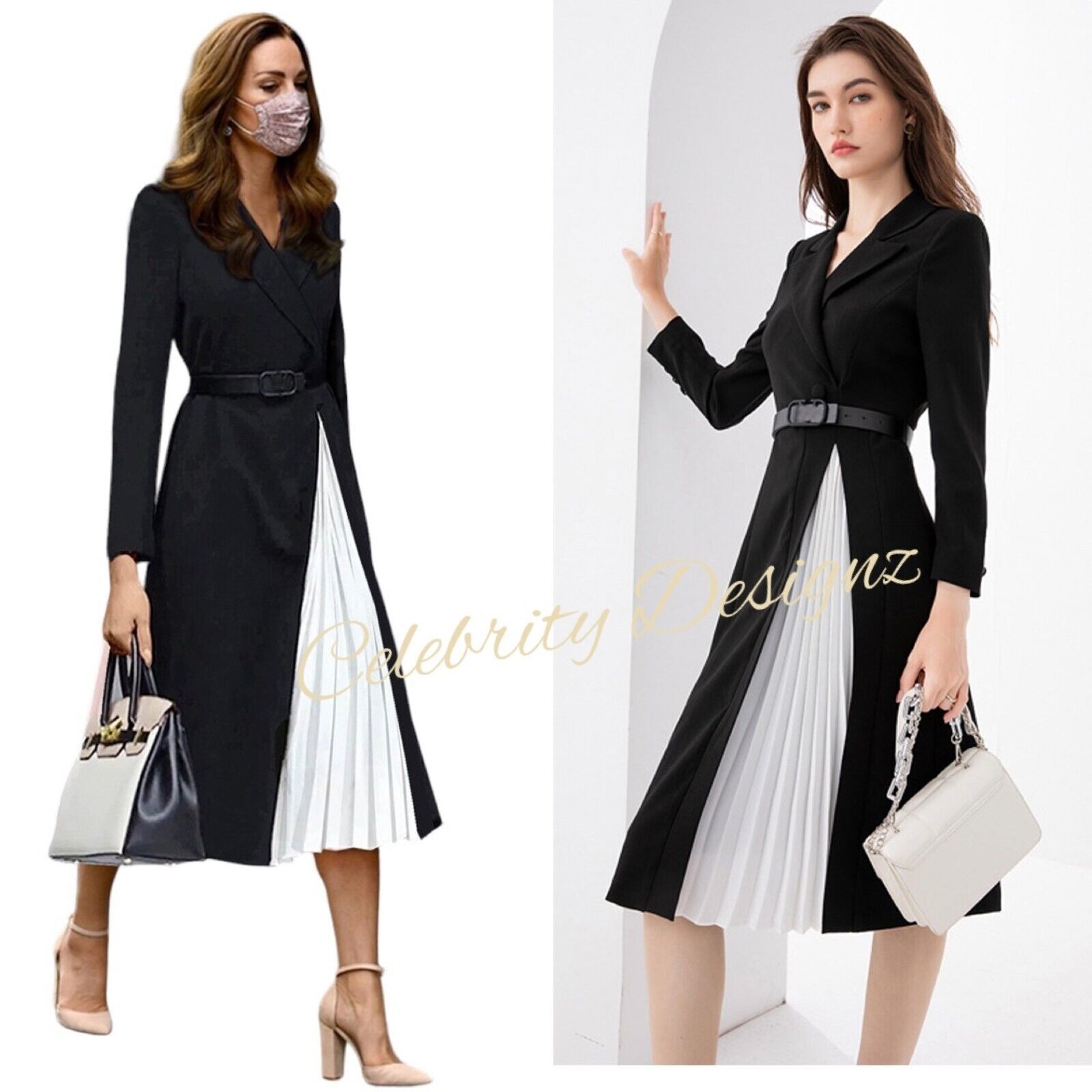 Kate Middleton Inspired Classic Mock Two-Piece Contrast Coat Dress in Black