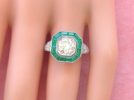 Deco 1.47ct Brilliant Diamond .93ctw Emerald Platinum Engagement Cocktail Ring - £8,924.11 GBP