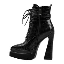 Women Black Booties Double Platform  Side Zipper Lace-up Fashion Ankle Boots - £110.74 GBP
