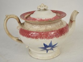 Spongeware Splatterware Red Blue Flower Teapot Lid 1830s Antique - £129.24 GBP