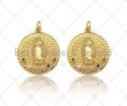 Colorful CZ Micro Pave Virgin Mary On Round Coin Shape Pendant,18K Dainty Gold - £2.81 GBP