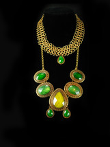 Exotic Green chandelier Necklace Gypsy gold mesh rhinestone choker Statement - £140.65 GBP