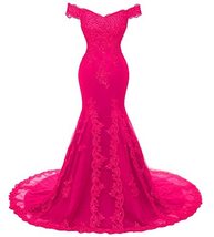 Off Shoulder Mermaid Long Lace Beaded Prom Dress Corset Evening Gowns Fuchsia US - £107.49 GBP