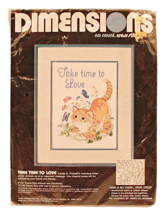 NEW Dimensions No Count Cross Stitch Kit Cat Take Time To Love 9x12 Vintage 1988 - £15.02 GBP