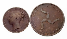 Lot of 2 1839 Isle of Man Coins in VF Condition (Farthing and 1/2 Penny) - $77.95